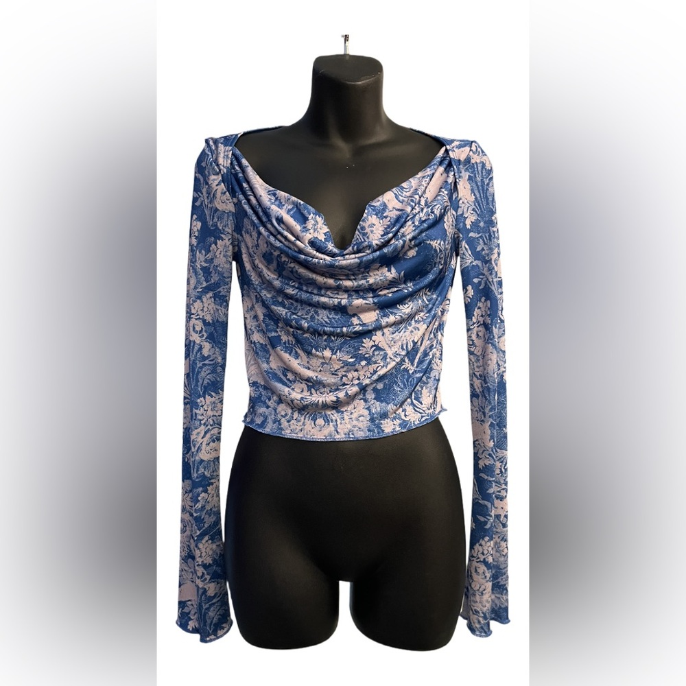 Urban Outfitters Blue Floral Cowl Neck Mesh Top – Size Small (NWT!)